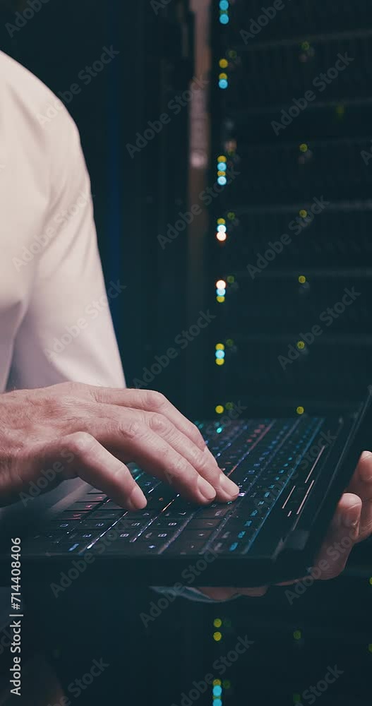 Poster Server room, hand and laptop typing with communication, information technology and online workplace. Datacenter, person and programmer with keyboard to store and power computer hardware on the system
