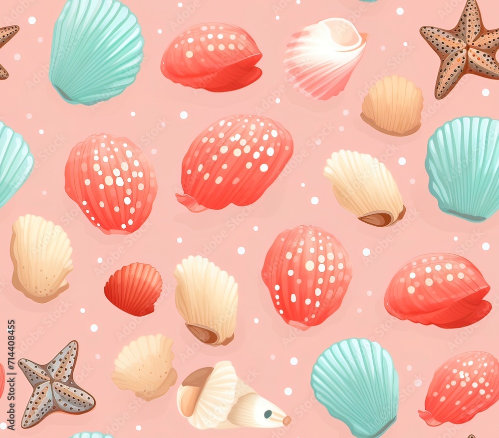 Poster seashells, fabric pattern, seamless pattern.
