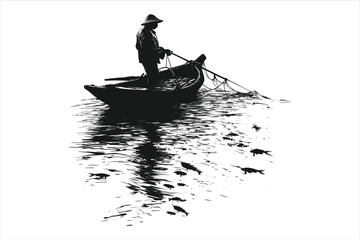 River fishing boat and fisherman, in a boat silhouette fisherman boat icon logo