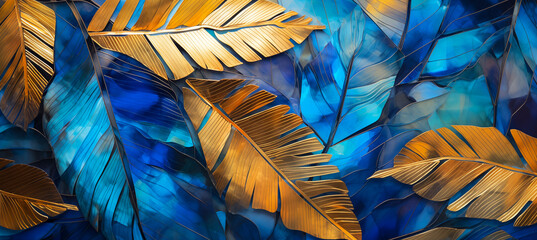 Blue and gold tropical leaves Monstera, palm, fern and ornamental plants backdrop. Exotic jungle rainforest background, luxury beach vacation travel web banner by Vita. 