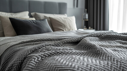 Detail of a Grey Bedspread in a Contemporary Bedroom - obrazy, fototapety, plakaty