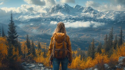  a woman standing on top of a mountain looking out at a valley filled with trees and a mountain covered in snow covered mountains in the distance are covered with clouds. - obrazy, fototapety, plakaty