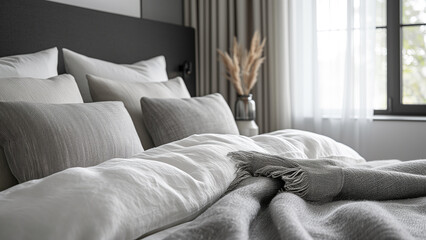 Detail of a Grey Bedspread in a Contemporary Bedroom - obrazy, fototapety, plakaty