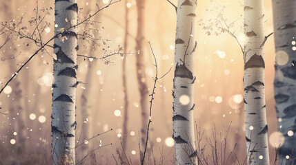  a group of birch trees in a forest with snow falling on the branches and the sun shining through the trees, with a blurry background of snow falling on the ground. - obrazy, fototapety, plakaty
