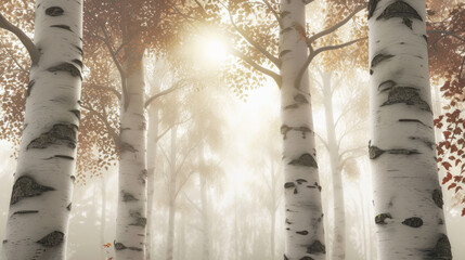  a group of trees in a forest with the sun shining through the trees on a foggy day with only one tree in the foreground and a few leaves in the foreground.