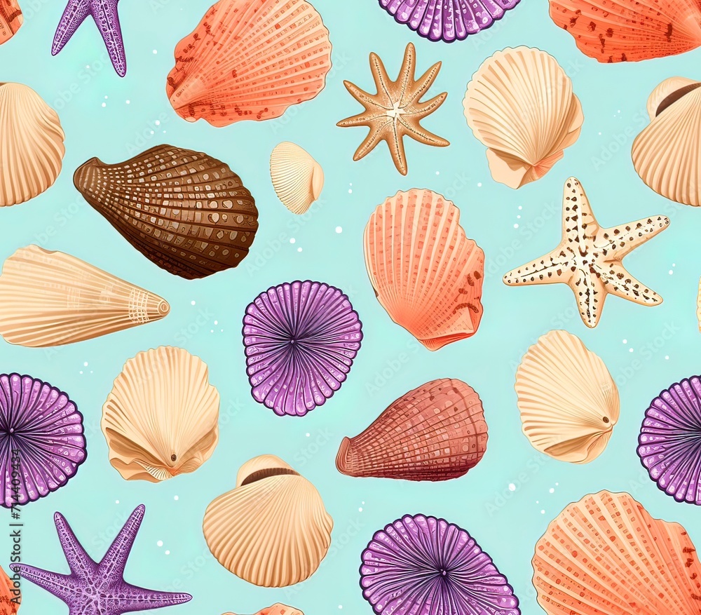 Poster seashells, fabric pattern, seamless pattern.