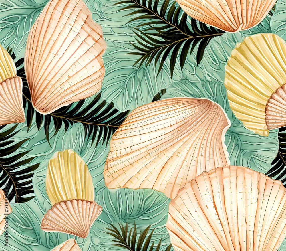 Poster seashells, fabric pattern, seamless pattern.
