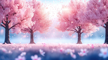  a painting of three trees with pink flowers in the foreground and a blue sky in the background with pink flowers in the foreground and a blue sky with pink flowers in the foreground.
