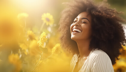 Black african happy woman on yellow sunflowers background