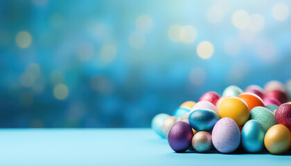 Painted shiny glossy eggs on blue background, easter concept