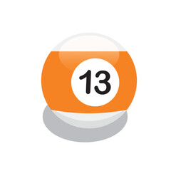 8 ball or snooker vector illustration, orange striped ball from a club or casino, 13 unlucky number.