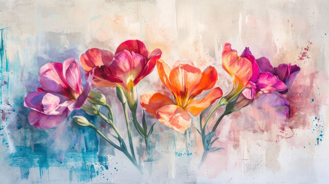  a painting of tulips in a vase on a blue and white background with a splash of paint on the bottom half of the image and bottom half of the painting.