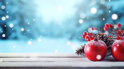 Christmas Red Ornament, Pinecones And Branches On Snowy Wooden Table With Blue Bokeh