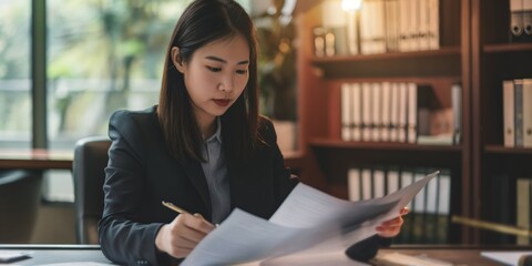 Asian attorney in a law office, reviewing legal documents with meticulous attention to detail - obrazy, fototapety, plakaty