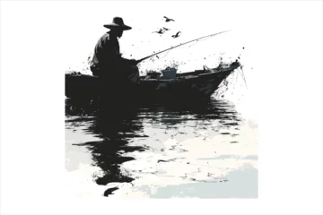 Fotobehang River fishing boat and fisherman, in a boat silhouette fisherman boat icon logo © Ety