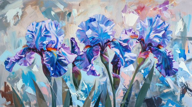  a painting of purple irises in a vase on a blue and pink background with the words irises on the bottom right corner of the painting and bottom corner of the painting.