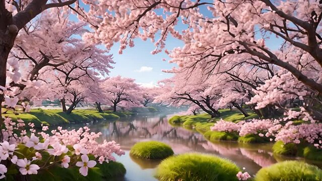 Spring Reverie: Enchanting Cherry Blossoms (Sakura) and Serene River Reflecting Nature's Awakening