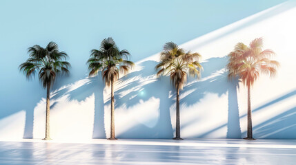  a row of palm trees in front of a blue wall with a shadow of a palm tree on the wall and the shadow of a row of palm trees on the wall.