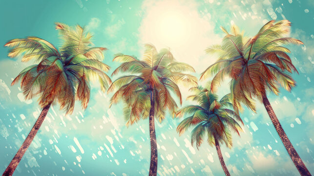  a digital painting of three palm trees in the rain with a blue sky and white clouds in the background with rain coming down on the tops of the palm trees.
