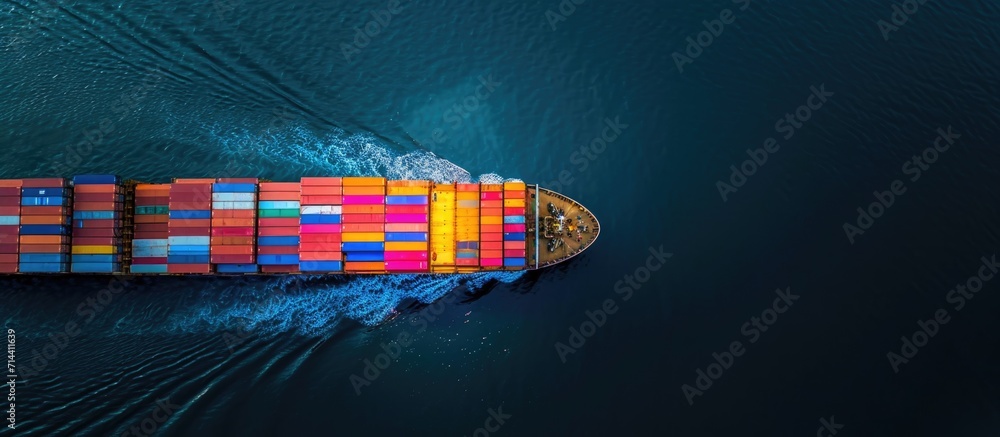 Wall mural aerial drone photo of massive container ship with colorful truck-sized containers in deep blue sea.