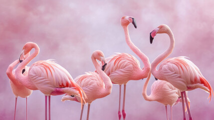  a group of pink flamingos standing next to each other on a pink and pink background with a pink sky in the background and a few pink flamingos in the foreground.