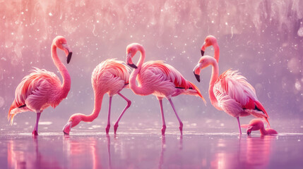  a group of pink flamingos standing next to each other on a body of water with snow flakes on the ground behind them and a pink sky filled with stars.