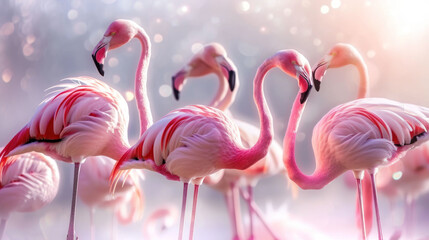  a group of pink flamingos standing next to each other on top of a lush green field in front of a blue sky with white and pink boket.