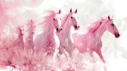  a painting of a group of pink horses running in a line with a pink cloud of dust in the foreground and a white horse in the middle of the foreground. - obrazy, fototapety, plakaty