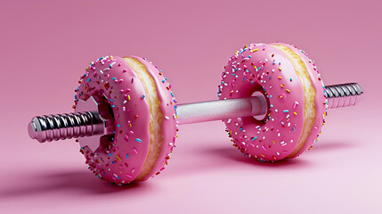cute concept, gym dumbbells made of donuts, pinkcore, pink surreal