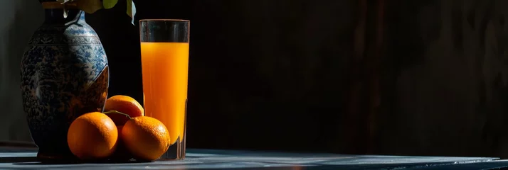 Rolgordijnen a glass of orange juice with a vase and some oranges, generative AI © VALUEINVESTOR