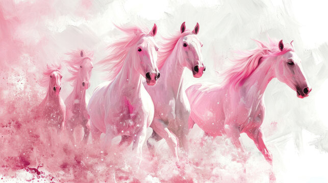  a painting of a group of pink horses running in a line with a pink cloud of dust in the foreground and a white horse in the middle of the foreground.