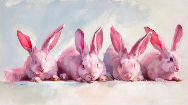  a painting of three pink rabbits sitting next to each other on a white surface with a blue sky in the background and a blue sky in the middle of the picture.