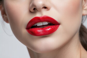 Fototapeta premium Boca femenina, dentadura perfecta y labios rojos 