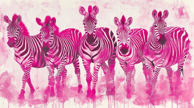  a group of zebras standing next to each other in front of a pink and white background with a splash of paint on the bottom half of the zebra's face.