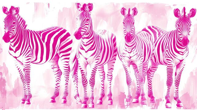  a group of three zebras standing next to each other on a pink and white background with a splash of paint on the back of the zebra's head.