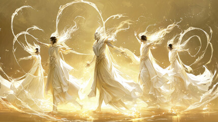  a group of women dressed in white are dancing in the water with their arms in the air and their hair blowing in the wind and their hair in the wind.