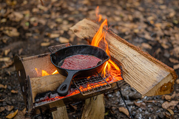 キャンプで焚き火と肉を焼く