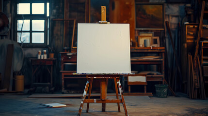 A blank canvas on an easel in an art studio
