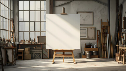 A blank canvas on an easel in an art studio - obrazy, fototapety, plakaty