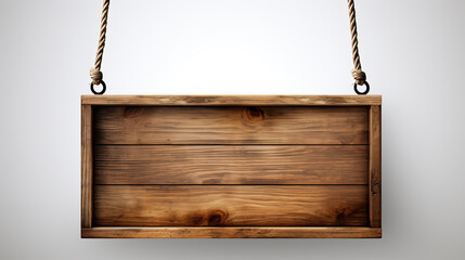 Empty blank wood box sign hanging on white wall  with area for text. 