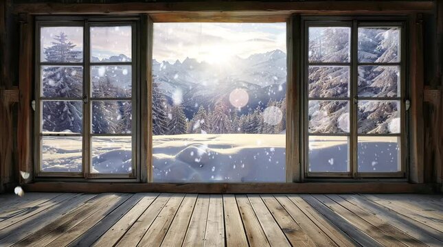 snowy landscape from the window Seamless looping 4k time-lapse virtual video animation background. Generated AI