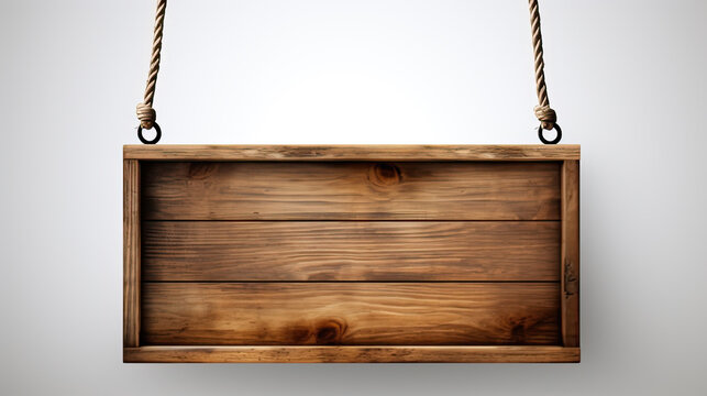 Empty blank wood box sign hanging on white wall  with area for text. 