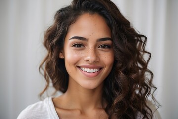 Mujer joven, latina, de sonrisa perfecta, sobre fondo blanco