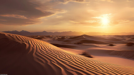 A desert scene with vast sand dunes and a blazing sun