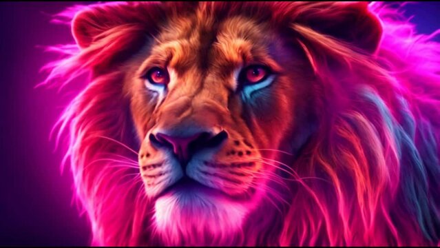 Vibrant digital art of a neon-colored lion with a flowing mane against a dark background, illustrating power and creativity. AI Generated in 4K Resolution