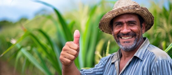 Brazilian farmer pleased with successful sugarcane crop, smiling and giving thumbs up. - obrazy, fototapety, plakaty