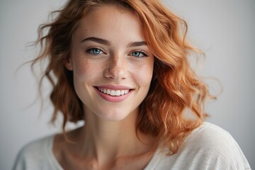 Mujer joven, peliroja, de sonrisa perfecta, sobre fondo blanco