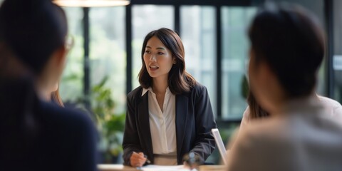 confident Asian manager guiding a diverse team through a complex project with effective leadership