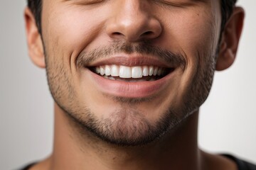 Boca masculina con dentadura blanca y perfecta, además de barba y bigote