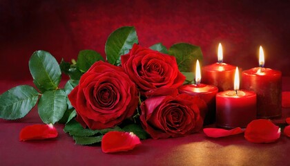 Red roses with burning candles on red background